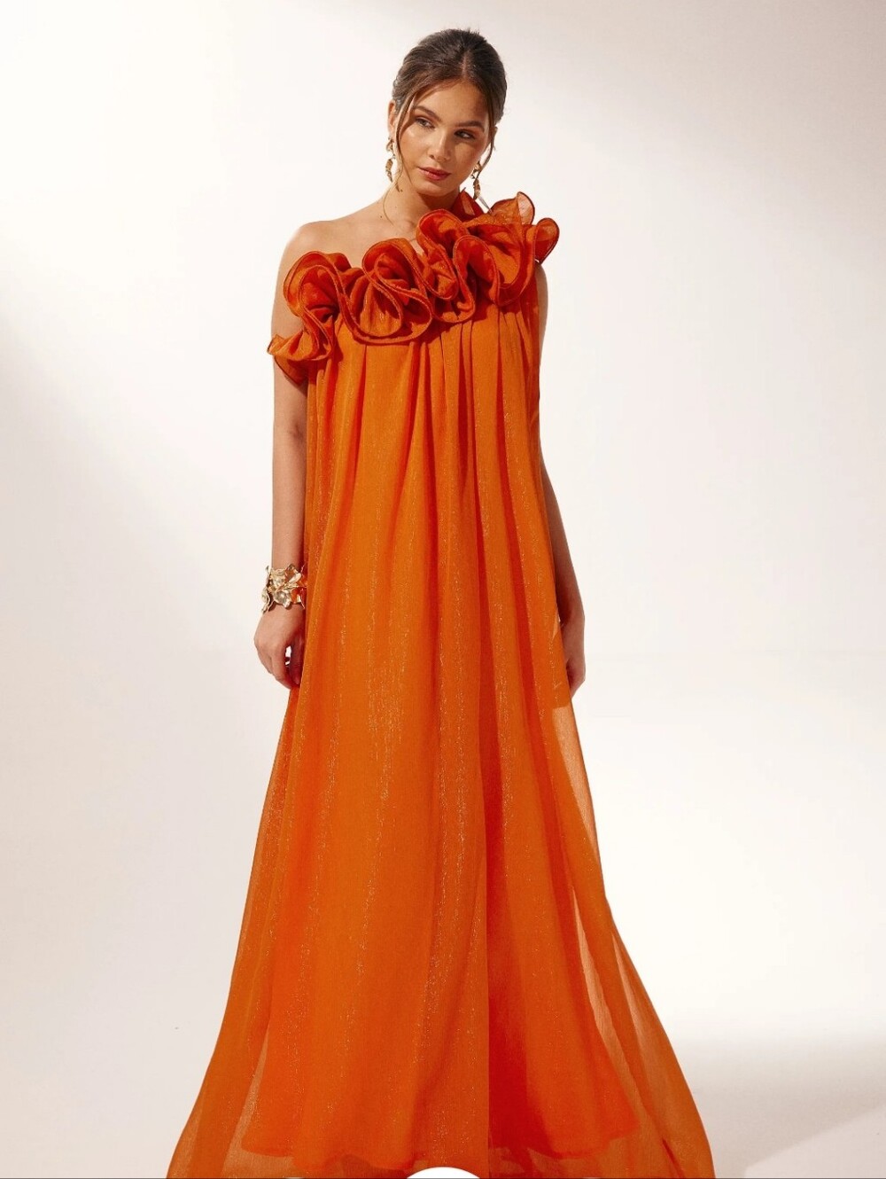 Sunfere Hedda Orange One Shoulder Ruffle Maxi Dress Size S Formal Gown